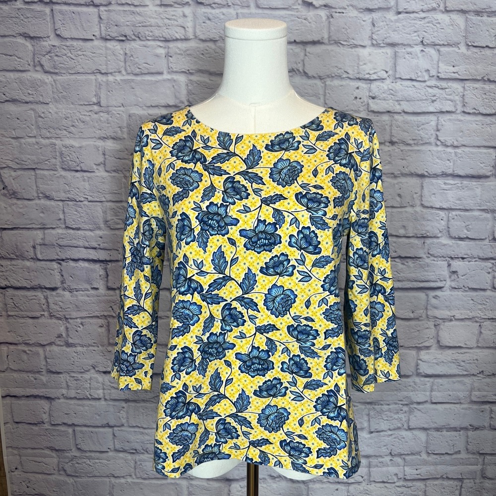 Talbots Petites Women's SP Yellow Blue Floral Top Preppy Classic